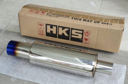 Brand New Silencer Outlet 3.5Inch/ HKS Hi-Power Universal Stainless Steel Muffler, featuring a polished canister body and a burnt-blue titanium-look tip for Lancer Evo IX.