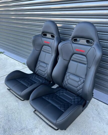 Brand new set of black leather OEM Recaro bucket front and rear seats for a Mitsubishi Lancer Evolution VIII/IX